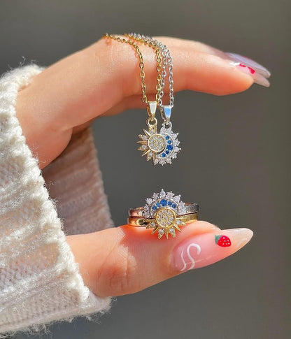 🌌💖 ¡DUO DE COLLARES Y ANILLOS SOL Y LUNA PANDORA! PROMOCIÓN POR SAN VALENTIN ❤️ + TARJETA DEDICATORIA PERSONALIZADA   💌  + CHOCOLATE ARTESANAL 🍫 Y CAJA DE REGALO 🎁